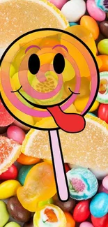 Smiling lollipop amidst vibrant candy background.