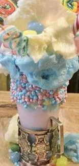 Colorful candy milkshake with cotton candy.