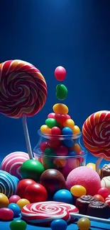 A vibrant display of colorful candies with swirling lollipops and chocolates.