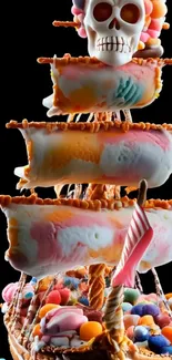 Candy pirate ship with colorful skull on a black background.