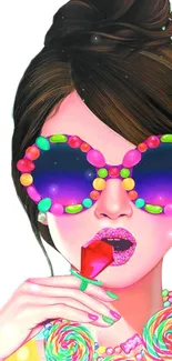 Stylish woman with candy sunglasses and lollipop, in pop art style.