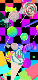 Colorful candy and ice cream pop art wallpaper with a vibrant checkerboard background.