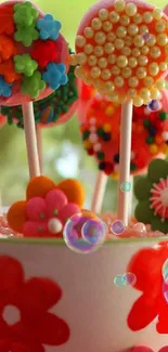 Vibrant candy pops in floral bowl wallpaper.