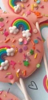 Colorful rainbow candy with sprinkles on a pink background.