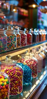 Colorful candies in glass jars line the shop display.