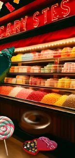 Vibrant candy shop with colorful sweets and chocolates displayed.