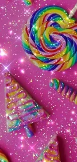 Colorful candy and glitter sparkle on a pink background wallpaper.