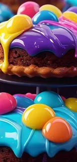Cupcakes with colorful candy toppings on a dessert stand.