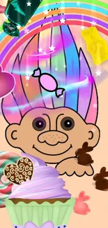 A colorful troll with candy, rainbows, and stars for a mobile wallpaper.