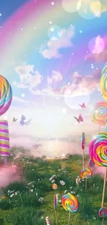 Colorful candy wonderland with lollipops and a rainbow.