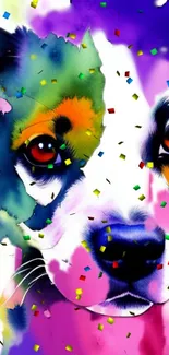 Colorful abstract dog artwork with vibrant paint and confetti.