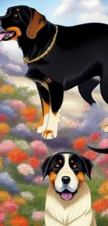 Beautiful fantasy style wallpaper with two dogs among colorful flowers.