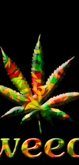 Colorful cannabis leaf with vibrant design on black background.