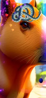 Fantasy capybara art with snakes and vibrant colors on a mobile wallpaper.