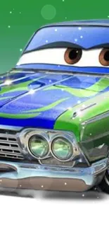 Animated car with green and blue colors on mobile wallpaper.