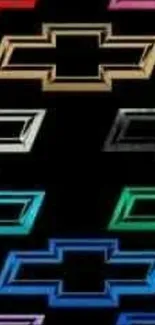 Multicolored car emblems on black wallpaper.