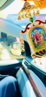 Colorful car pendant hanging from rearview mirror with vibrant design.