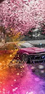 Classic car with cherry blossoms and colorful paint splashes.