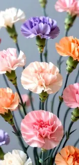 A bouquet of colorful carnation flowers in various pastel shades.