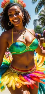 Woman in colorful costume at vibrant carnival celebration.