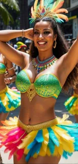 A joyful carnival dancer with colorful feathers and vibrant attire.