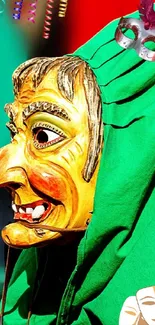 Vibrant carnival mask with green background.