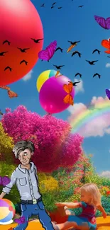 Colorful cartoon scene with balloons and child.