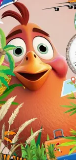 Vibrant orange cartoon bird amidst travel-themed elements.