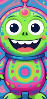 Colorful cartoon alien with vibrant patterns and a joyful expression.