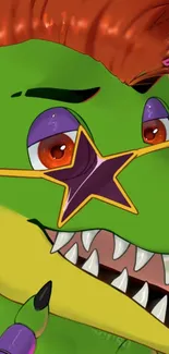 Vibrant cartoon alligator with star glasses smiling brightly.