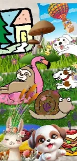 Colorful cartoon animal collage with vibrant background.