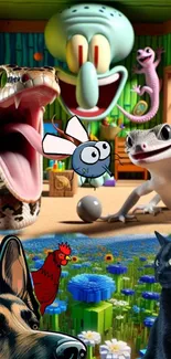 Cartoon animals and characters in a colorful adventure scene.