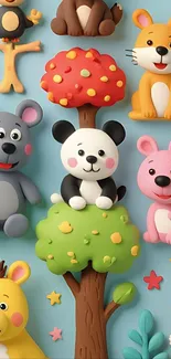 Colorful cartoon animal wallpaper with trees and cute characters.