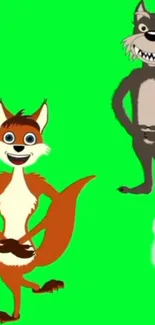 Cartoon fox, wolf, and rabbit on vibrant green wallpaper.