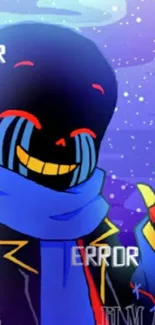 Cartoon character with blue scarf on a starry background.