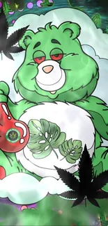 Cartoon green bear with pipe and leaves.