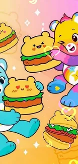 Cartoon bears with burgers on vibrant background.