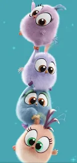 Four cute fluffy cartoon birds hanging in a vertical line.