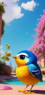 Charming cartoon bird in a colorful natural setting with pink flowers and blue sky.