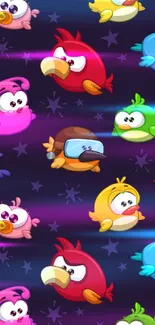 Colorful cartoon birds on a dark wallpaper.