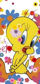 Cute cartoon bird with colorful flowers on wallpaper.