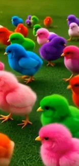 A colorful flock of cartoon birds on green grass.
