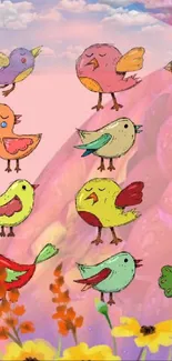 Whimsical cartoon birds on a pastel background with yellow flowers.