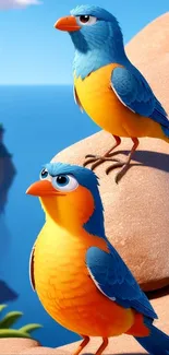 Cartoon birds perched on rocks with a blue ocean background.