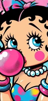 Cartoon character blowing a pink bubble gum with colorful accessories.