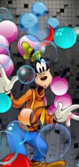 Cartoon character with colorful bubbles on black background.