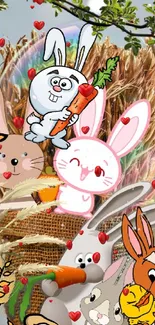 Cartoon bunnies with carrots among grains in a vibrant phone wallpaper.