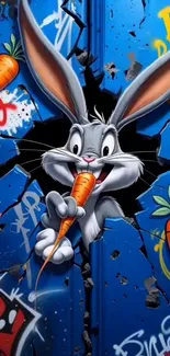 Cartoon bunny peeking through blue graffiti wall with carrots.