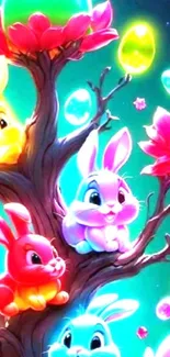 Whimsical cartoon bunnies on a colorful tree.