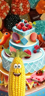 Vibrant cartoon cake theme with colorful designs and cheerful corn character.